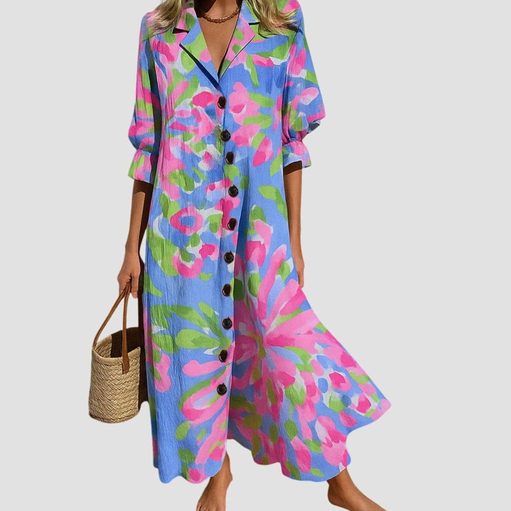 Women's Boho Floral Button-Front V-Neck Maxi Dress