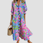 Women's Boho Floral Button-Front V-Neck Maxi Dress
