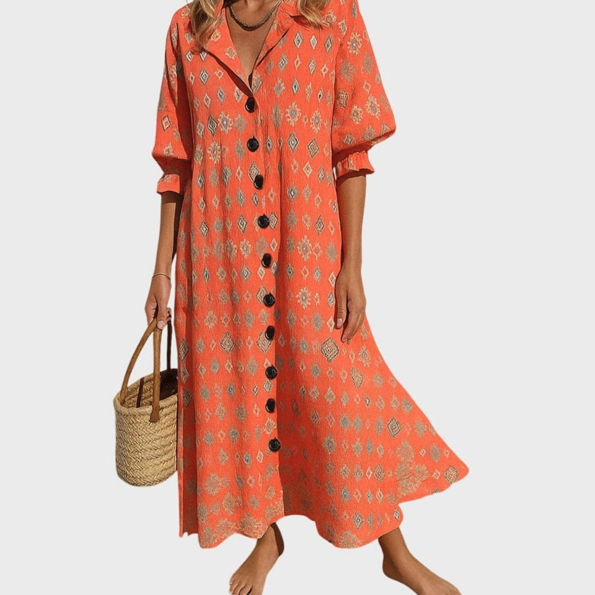 Women's Boho Floral Button-Front V-Neck Maxi Dress
