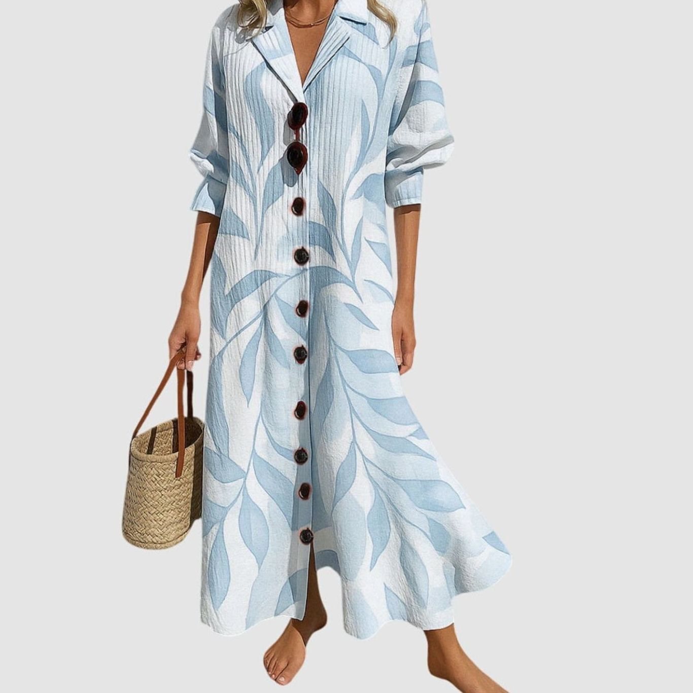 Women's Boho Floral Button-Front V-Neck Maxi Dress