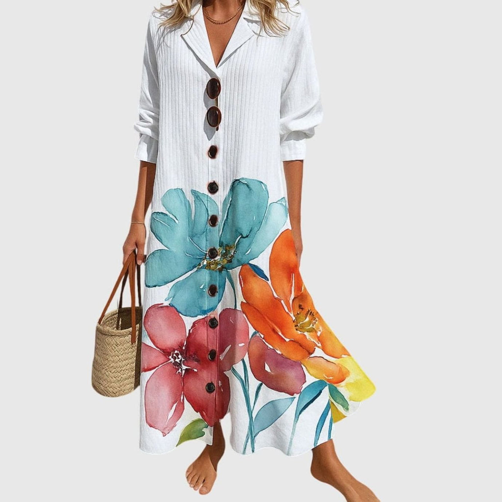 Women's Boho Floral Button-Front V-Neck Maxi Dress
