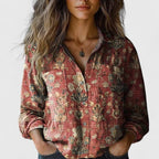 Women's Boho Floral Long Sleeve Button-Up Blouse