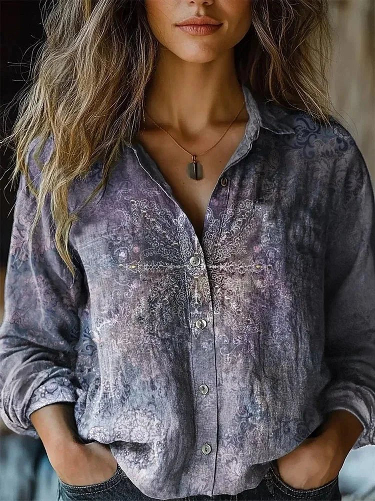 Women's Boho Floral Long Sleeve Button-Up Blouse