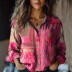 Women's Boho Floral Long Sleeve Button-Up Blouse