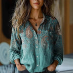 Women's Boho Floral Long Sleeve Button-Up Blouse