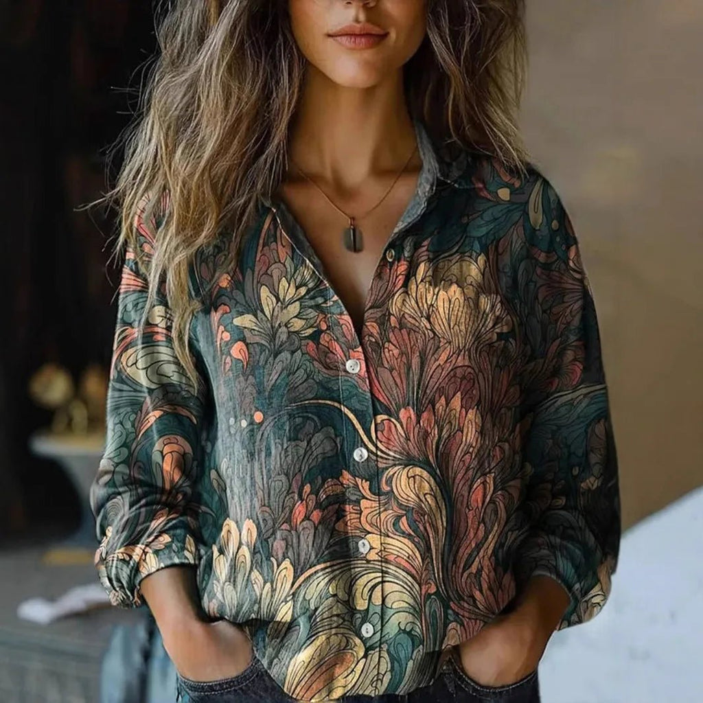 Women's Boho Floral Long Sleeve Button-Up Blouse