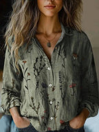Women's Boho Floral Long Sleeve Button-Up Blouse