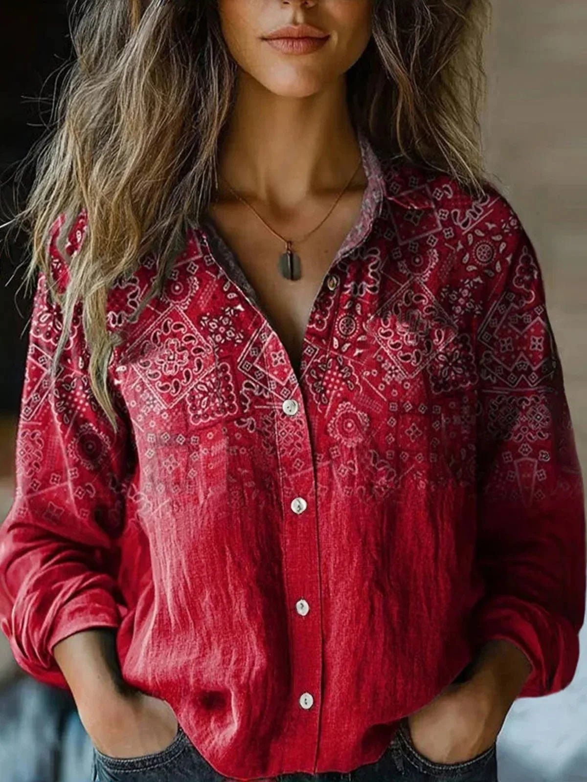 Women's Boho Floral Long Sleeve Button-Up Blouse