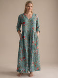 Women's Boho Floral Print V-Neck Long Sleeve Midi Dress