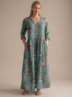 Women's Boho Floral Print V-Neck Long Sleeve Midi Dress