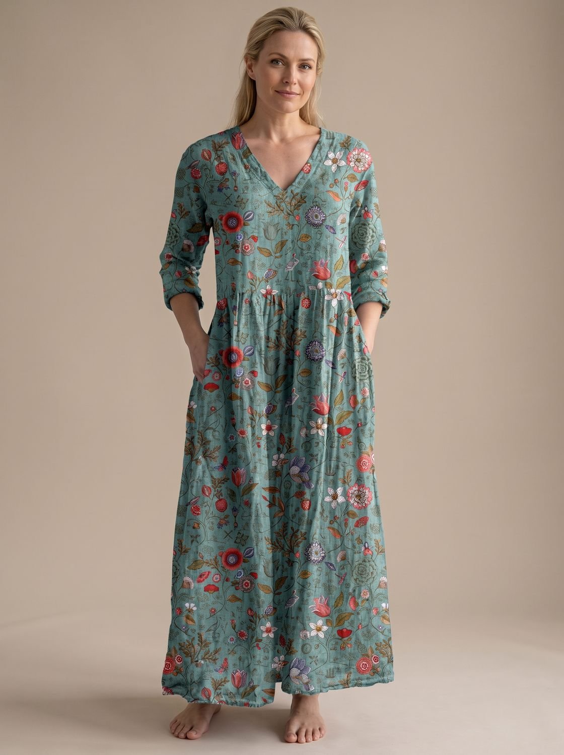 Women's Boho Floral Print V-Neck Long Sleeve Midi Dress