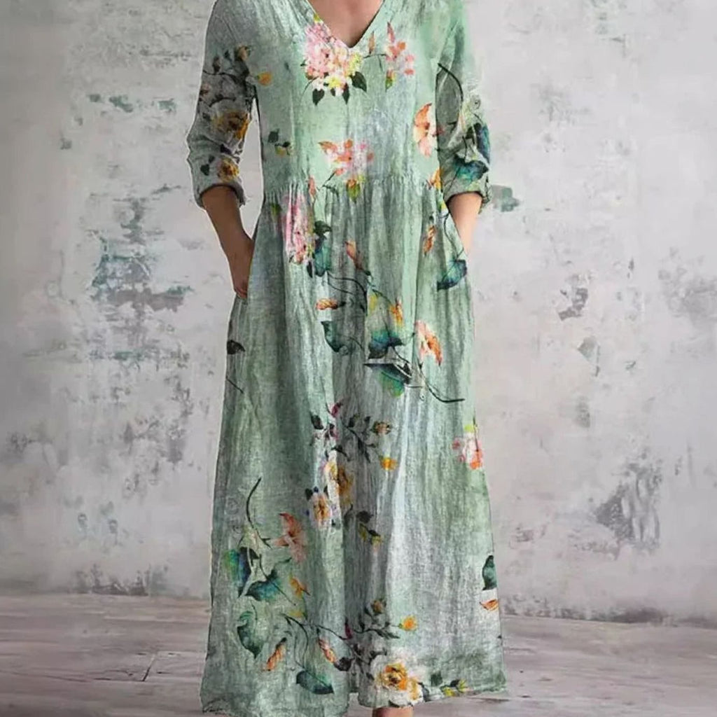 Women's Boho Floral Print V-Neck Long Sleeve Midi Dress