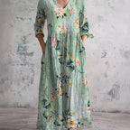 Women's Boho Floral Print V-Neck Long Sleeve Midi Dress
