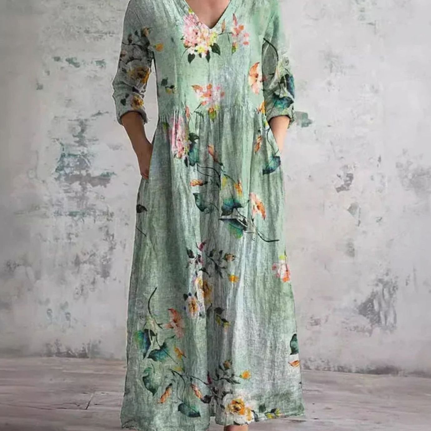 Women's Boho Floral Print V-Neck Long Sleeve Midi Dress
