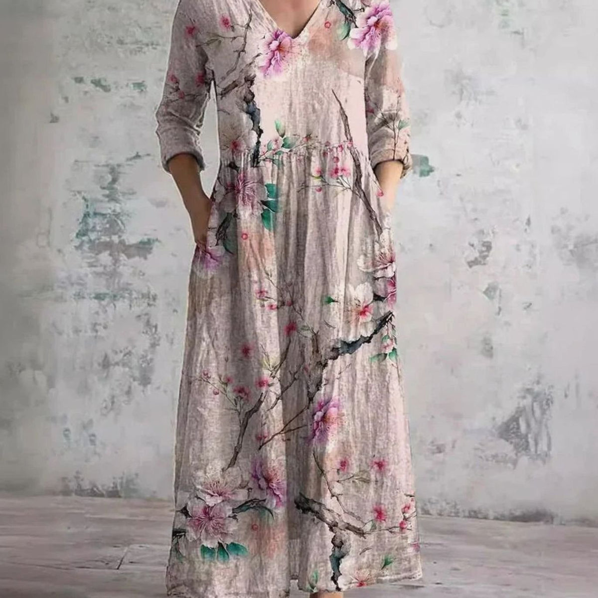 Women's Boho Floral Print V-Neck Long Sleeve Midi Dress
