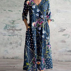 Women's Boho Floral Print V-Neck Long Sleeve Midi Dress