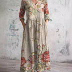 Women's Boho Floral Print V-Neck Long Sleeve Midi Dress