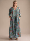 Women's Boho Floral Print V-Neck Long Sleeve Midi Dress