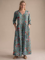 Women's Boho Floral Print V-Neck Long Sleeve Midi Dress