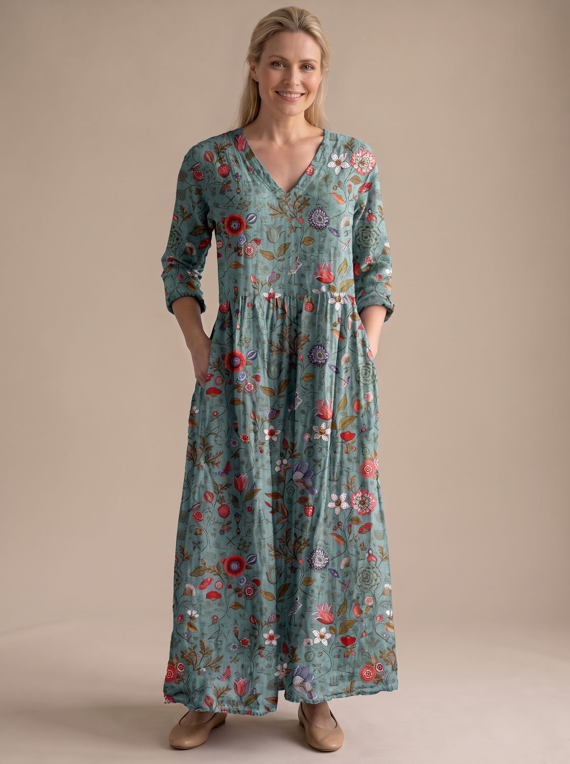 Women's Boho Floral Print V-Neck Long Sleeve Midi Dress
