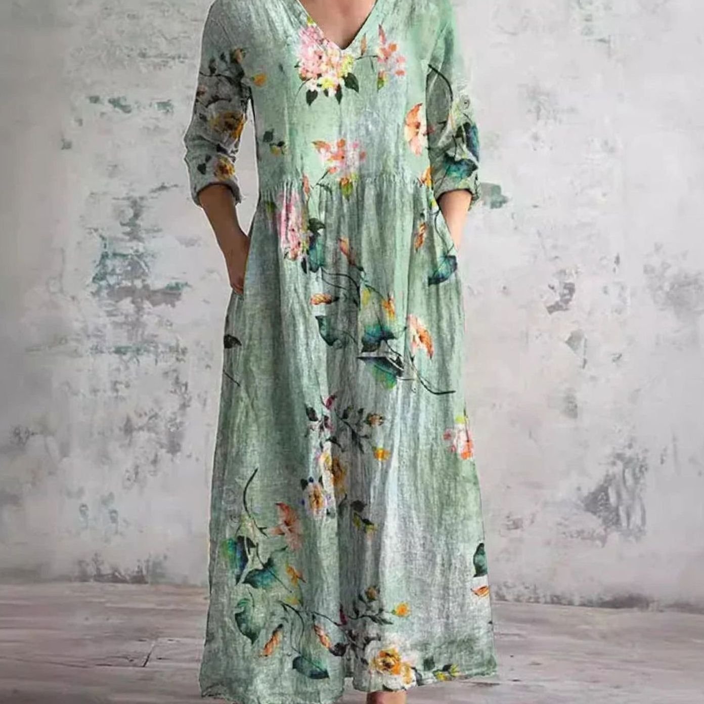 Women's Boho Floral Print V-Neck Long Sleeve Midi Dress