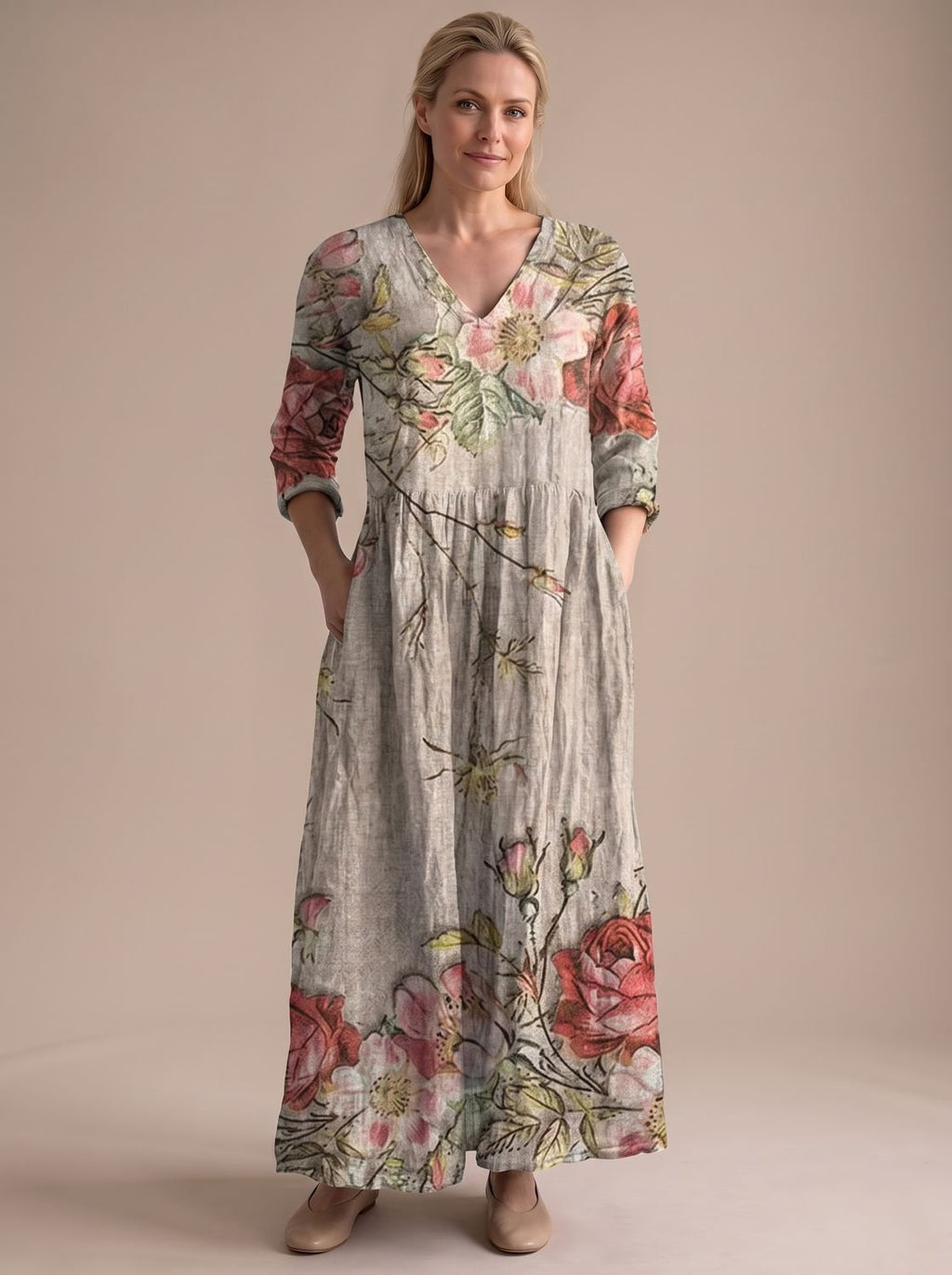 Women's Boho Floral Print V-Neck Long Sleeve Midi Dress