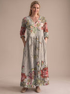 Women's Boho Floral Print V-Neck Long Sleeve Midi Dress