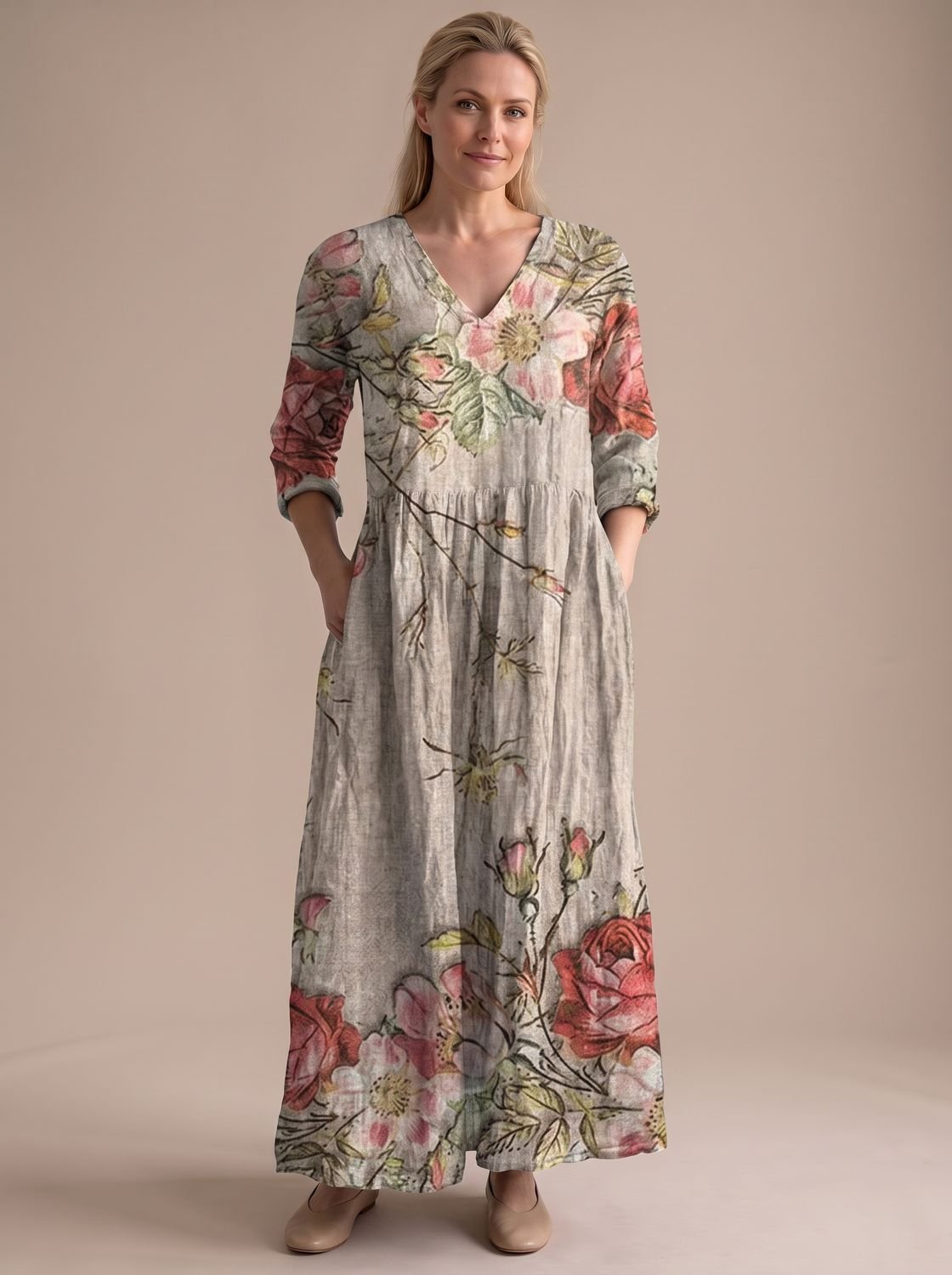Women's Boho Floral Print V-Neck Long Sleeve Midi Dress