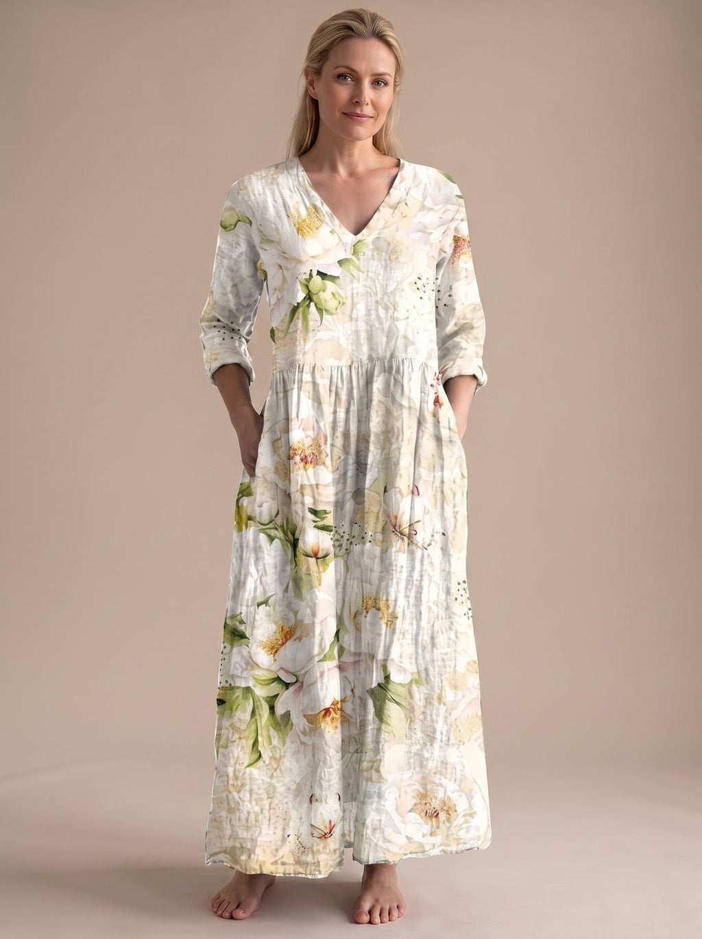 Women's Boho Floral Print V-Neck Long Sleeve Midi Dress