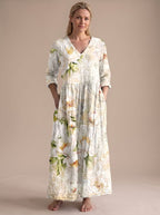 Women's Boho Floral Print V-Neck Long Sleeve Midi Dress