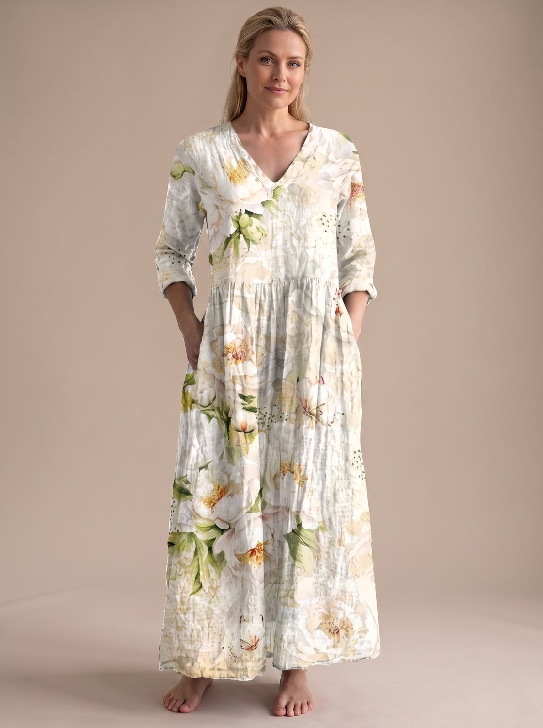 Women's Boho Floral Print V-Neck Long Sleeve Midi Dress