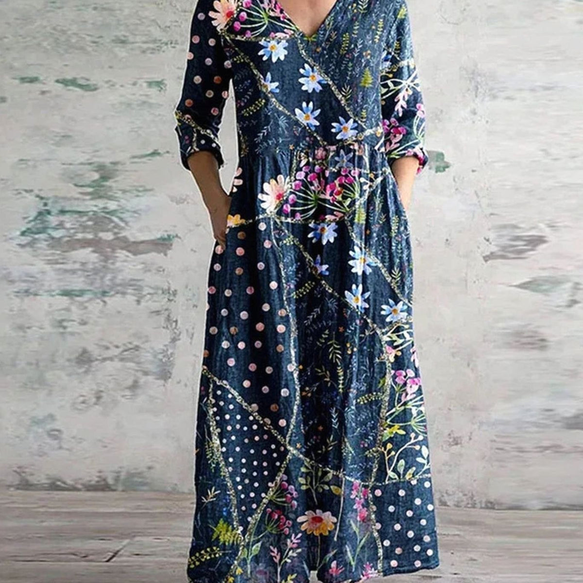 Women's Boho Floral Print V-Neck Long Sleeve Midi Dress