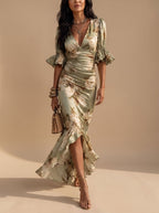 Women's Boho Floral Ruched V-Neck Midi Dress Ruffled Sleeves