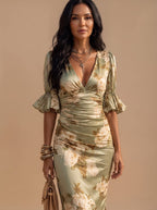 Women's Boho Floral Ruched V-Neck Midi Dress Ruffled Sleeves