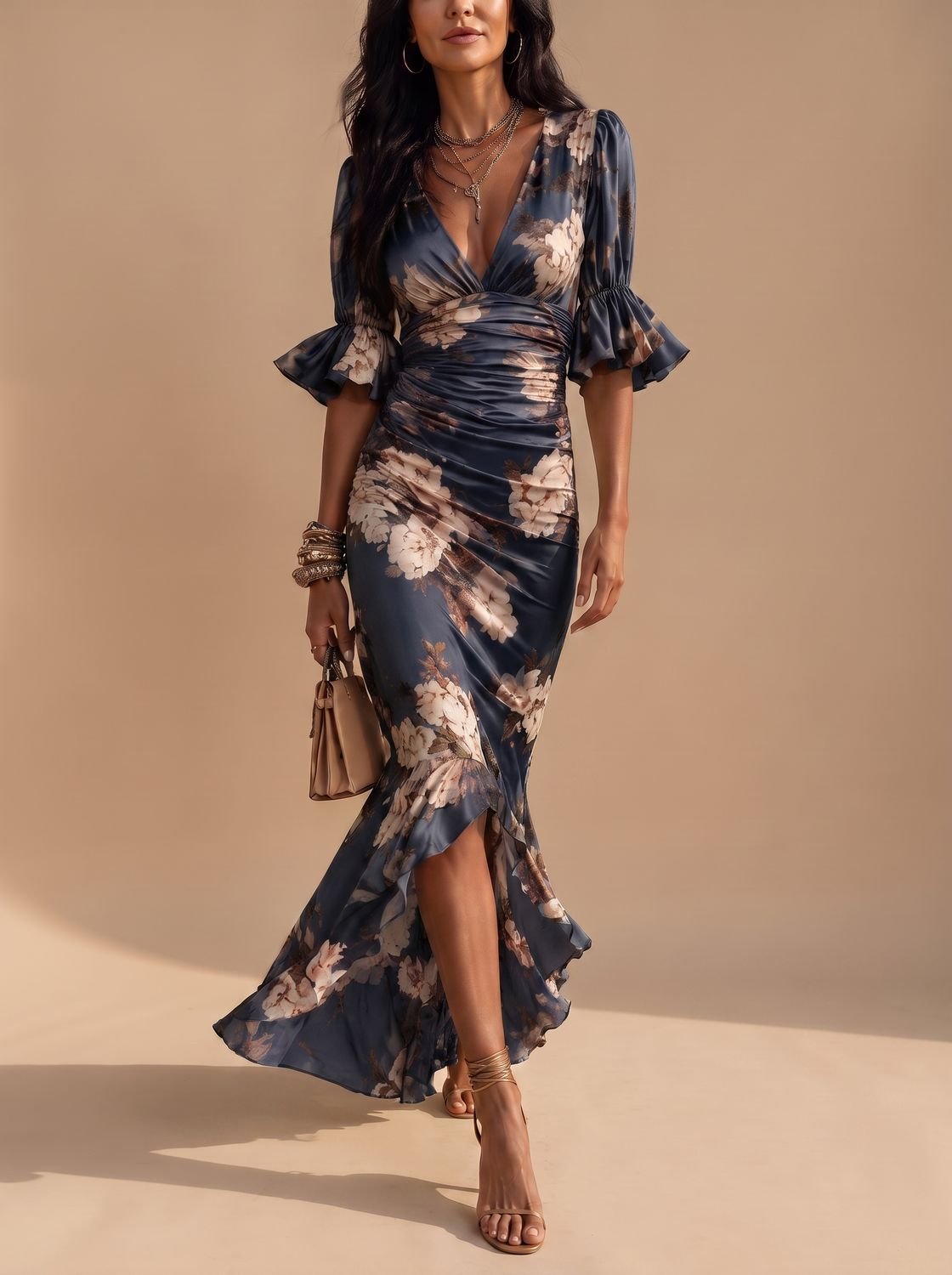 Women's Boho Floral Ruched V-Neck Midi Dress Ruffled Sleeves