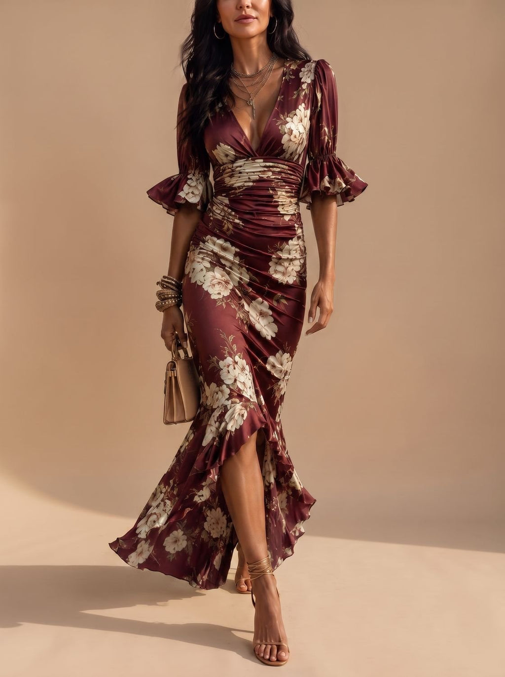 Women's Boho Floral Ruched V-Neck Midi Dress Ruffled Sleeves