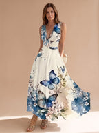 Women's Boho Sleeveless V-Neck Floral Maxi Dress