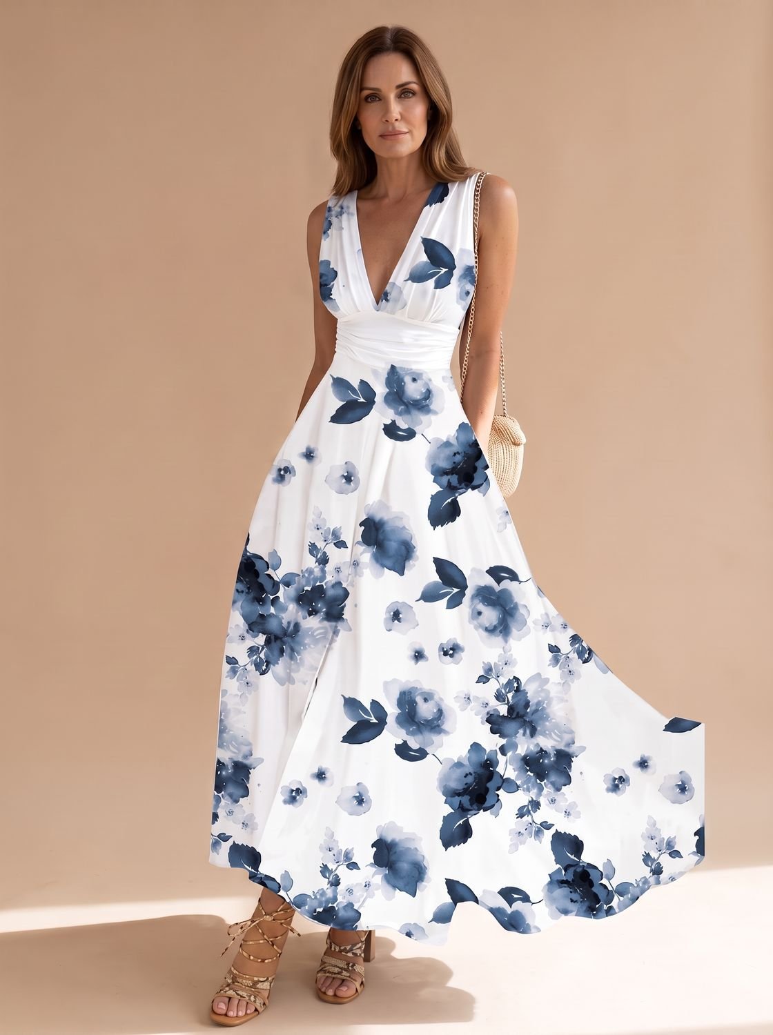 Women's Boho Sleeveless V-Neck Floral Maxi Dress