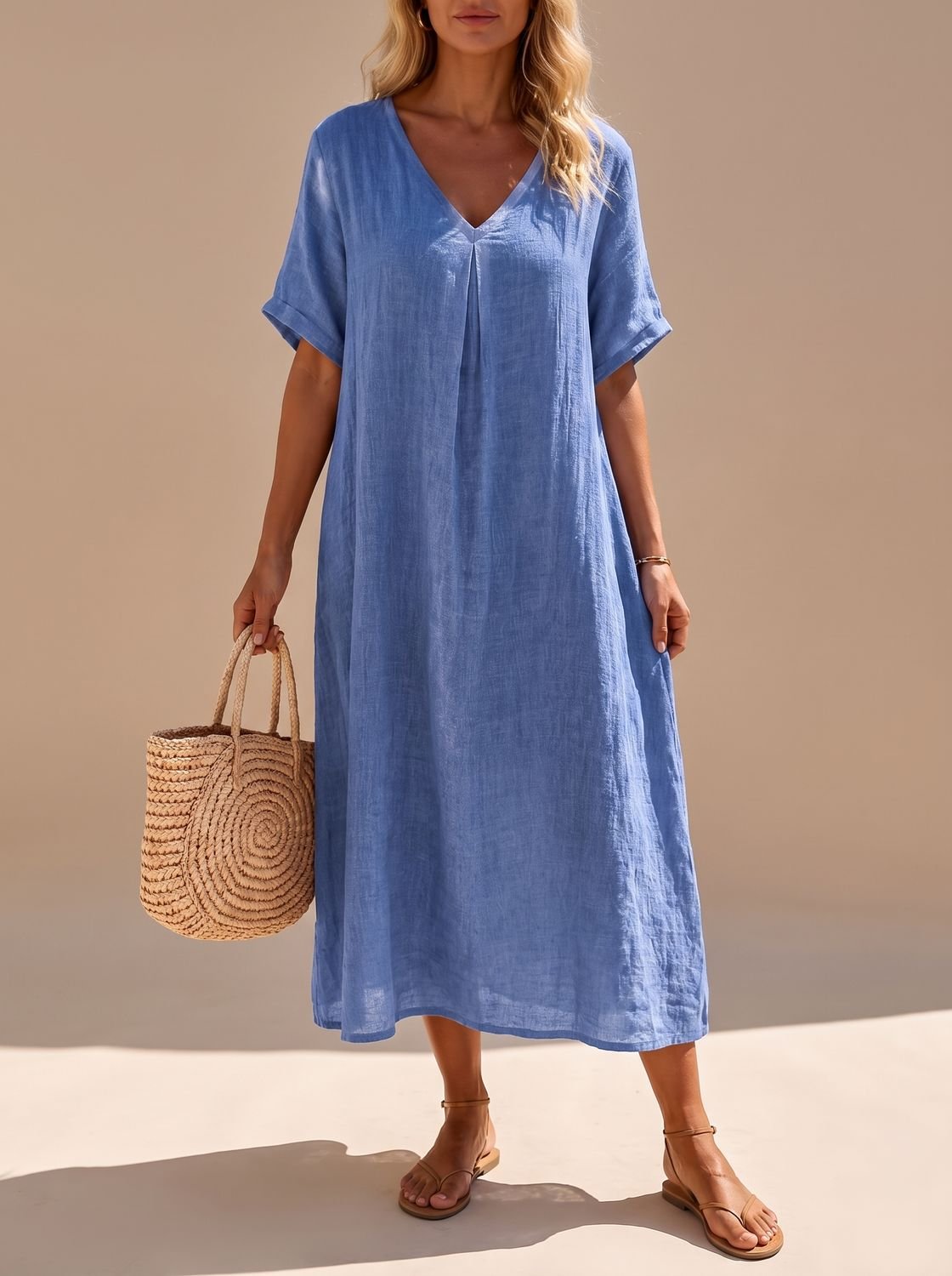 Women's Boho V-Neck Short-Sleeve Flowy Linen Maxi Dress