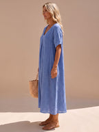 Women's Boho V-Neck Short-Sleeve Flowy Linen Maxi Dress