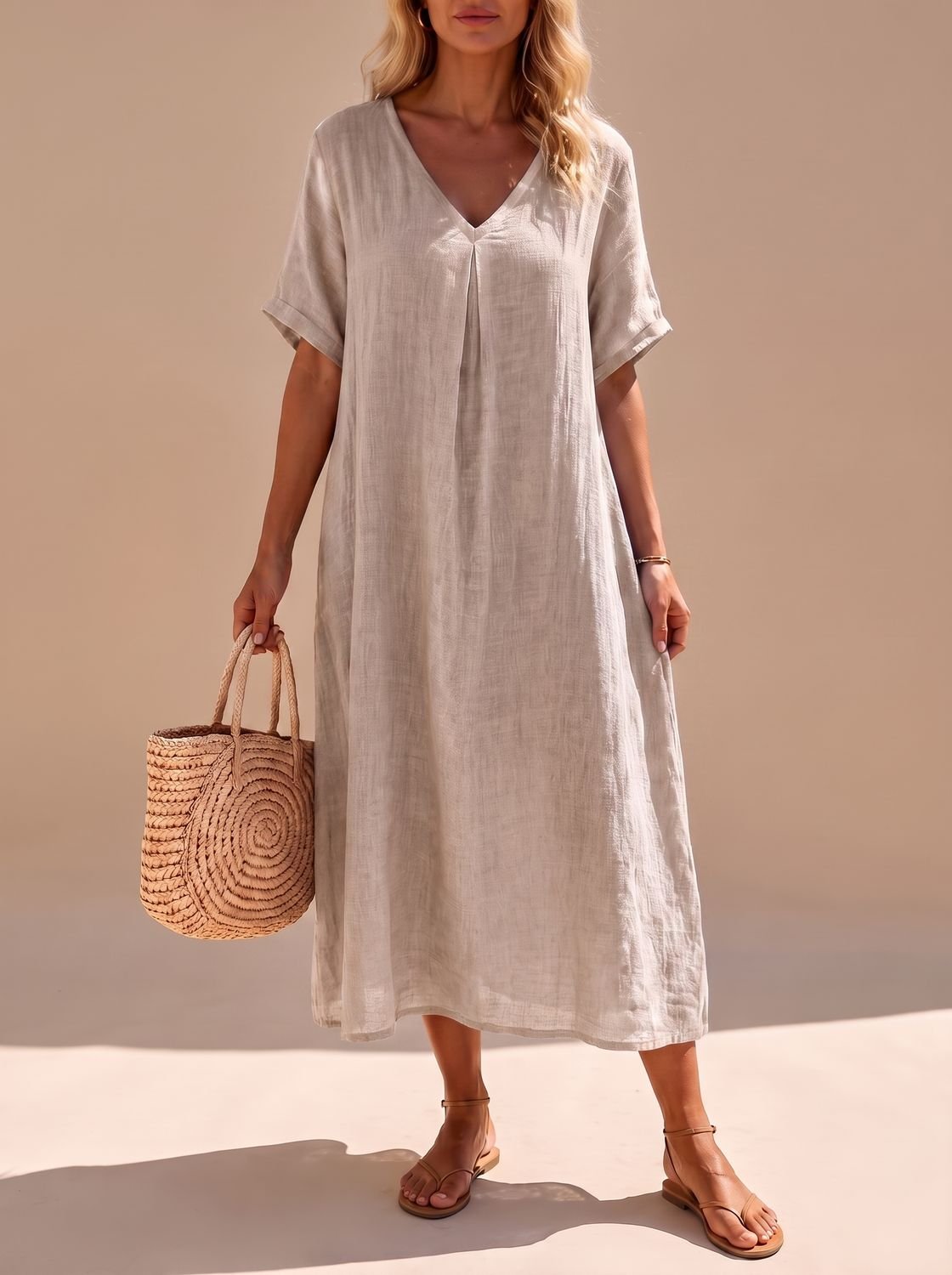 Women's Boho V-Neck Short-Sleeve Flowy Linen Maxi Dress
