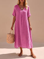 Women's Boho V-Neck Short-Sleeve Flowy Linen Maxi Dress