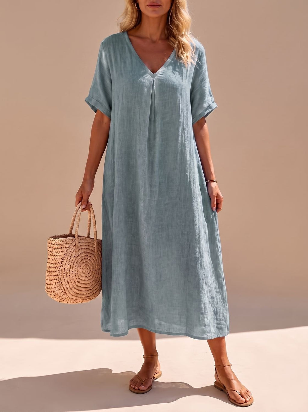 Women's Boho V-Neck Short-Sleeve Flowy Linen Maxi Dress
