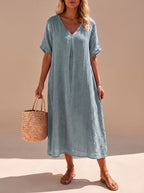 Women's Boho V-Neck Short-Sleeve Flowy Linen Maxi Dress