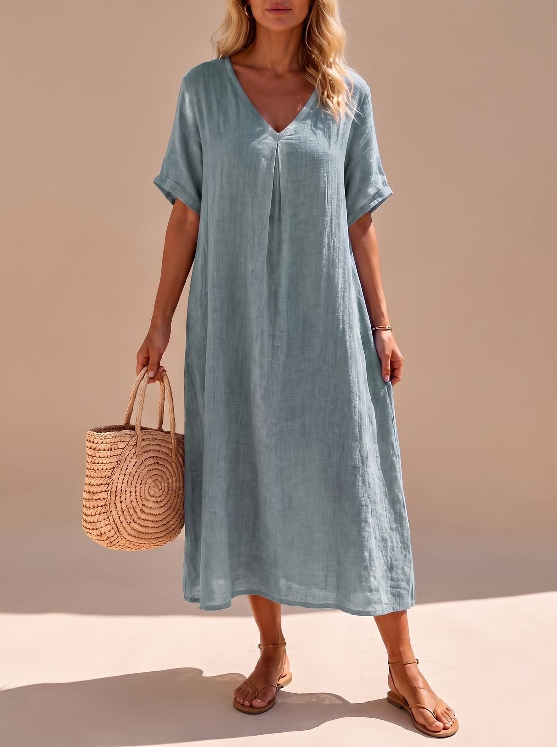 Women's Boho V-Neck Short-Sleeve Flowy Linen Maxi Dress