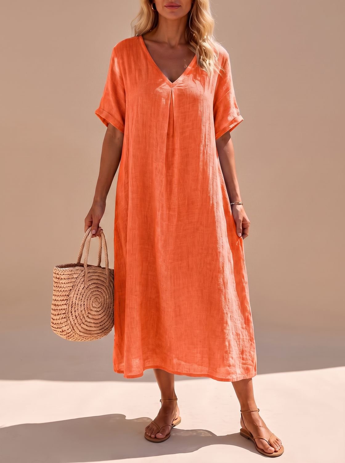 Women's Boho V-Neck Short-Sleeve Flowy Linen Maxi Dress