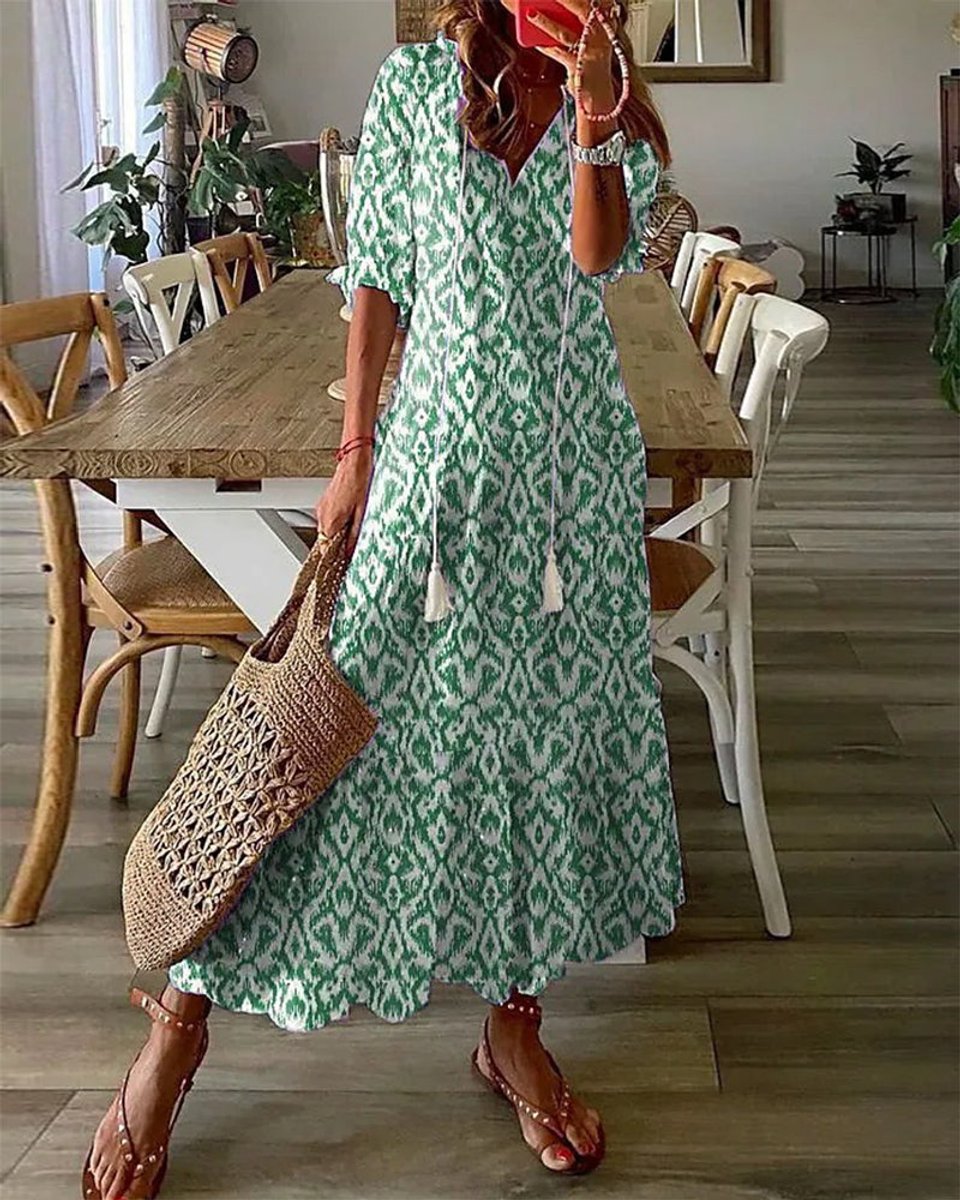 Women's Boho V-Neck Tassel-Tie Flowy Midi Dress