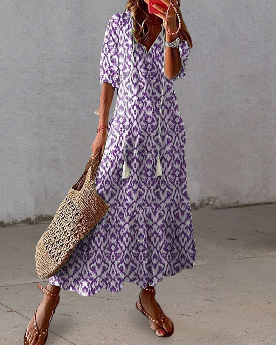 Women's Boho V-Neck Tassel-Tie Flowy Midi Dress