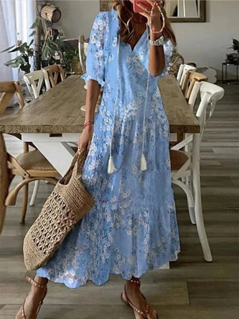 Women's Boho V-Neck Tassel-Tie Flowy Midi Dress