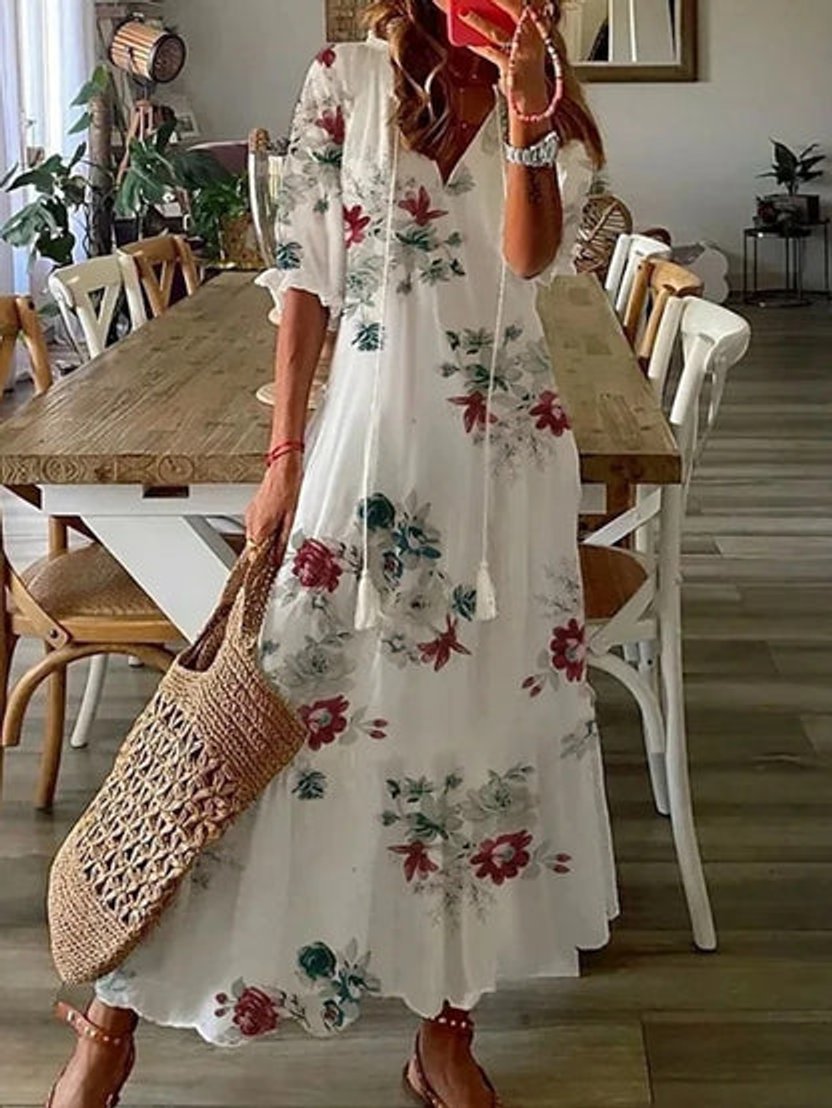 Women's Boho V-Neck Tassel-Tie Flowy Midi Dress